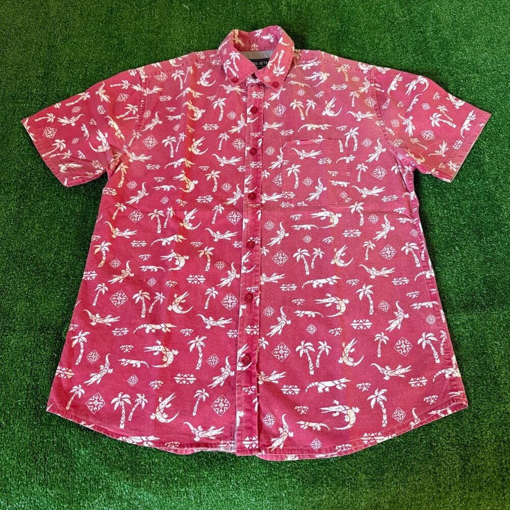 Alpha Beta Short Sleeve Button Down Crocodiles Hawaiian Resort Red Shirt Size S
